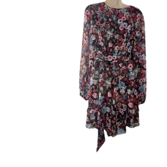 Express Womens Conscious Edit Ruffle Tiered Romper Black Floral Chiffon L New - Picture 5 of 5